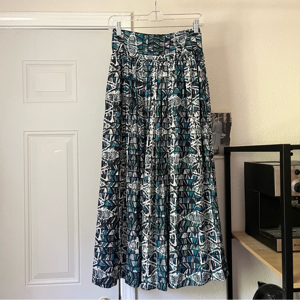 SIKA x‎ ANTHROPOLOGIE white black teal African tribal print full skirt midi